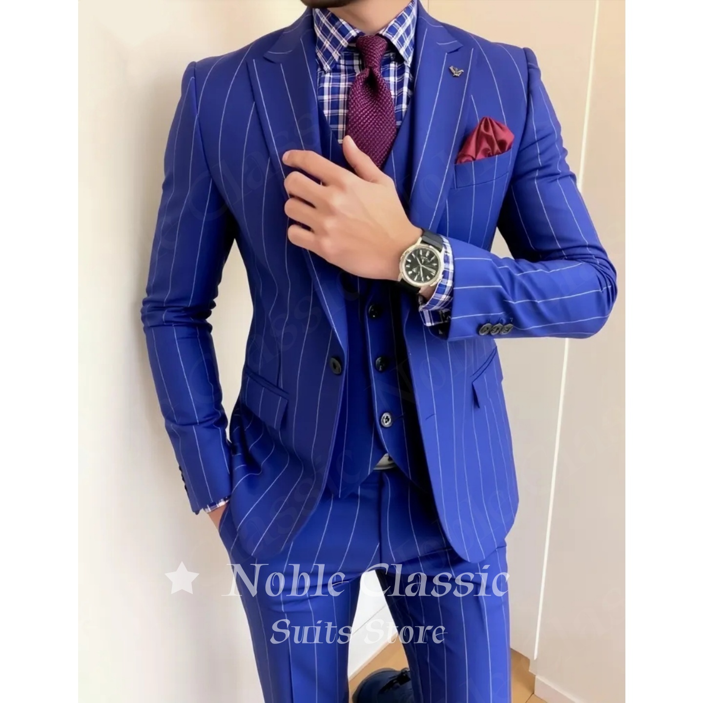 Men Formal Wear Wedding Guest - Terno Masculino Azul Listrado de 3