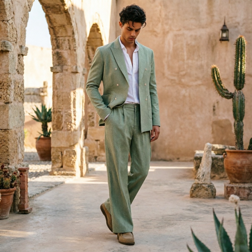 Men Formal Wear Wedding Guest - Ternos Masculinos de Linho Verde Sálvia,
