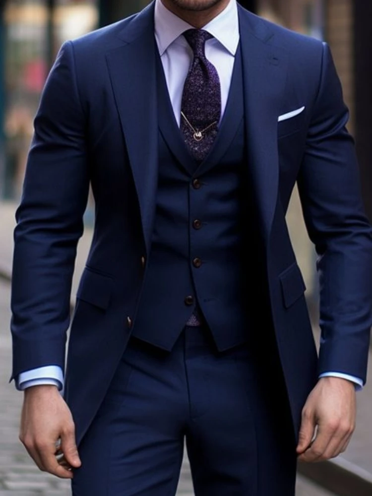 Azul marinho 3 peças casuais t - Men Formal Wear Wedding avaliação e preço